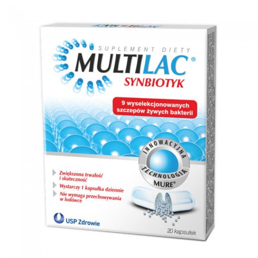 Multilac, synbiotyk (probiotyk + prebiotyk), 20 kapsułek