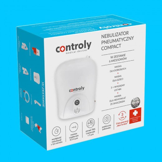 Nebulizator Controly, Pneumatyczny Compact JLN-23, dla dzieci, dorosłych i niemowląt, 1 sztuka