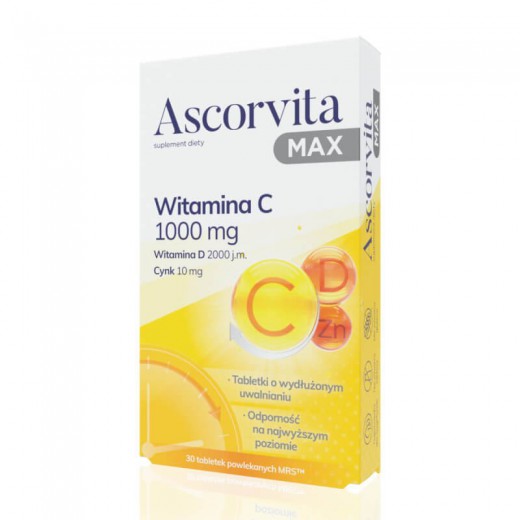 Ascorvita Max, witamina C 1000mg, witamina D, cynk, 30 tabletek