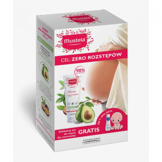 Zestaw MUSTELA Maternite, krem na rozstępy, 250ml + dodatkowo delikatny żel do mycia, 200ml