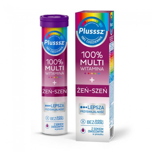 Plusssz 100% Multiwitamina + Żeń-Szeń, smak owoce leśne, 20 tabletek musujących