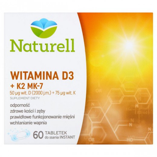 NATURELL, Witamina D3+K2 MK-7, 60 tabletek do ssania