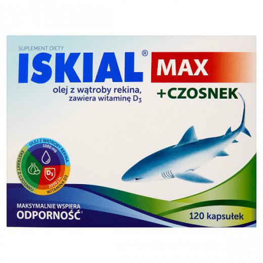 Iskial Max, olej z wątroby rekina+witamina D3+czosnek, 120 kapsułek